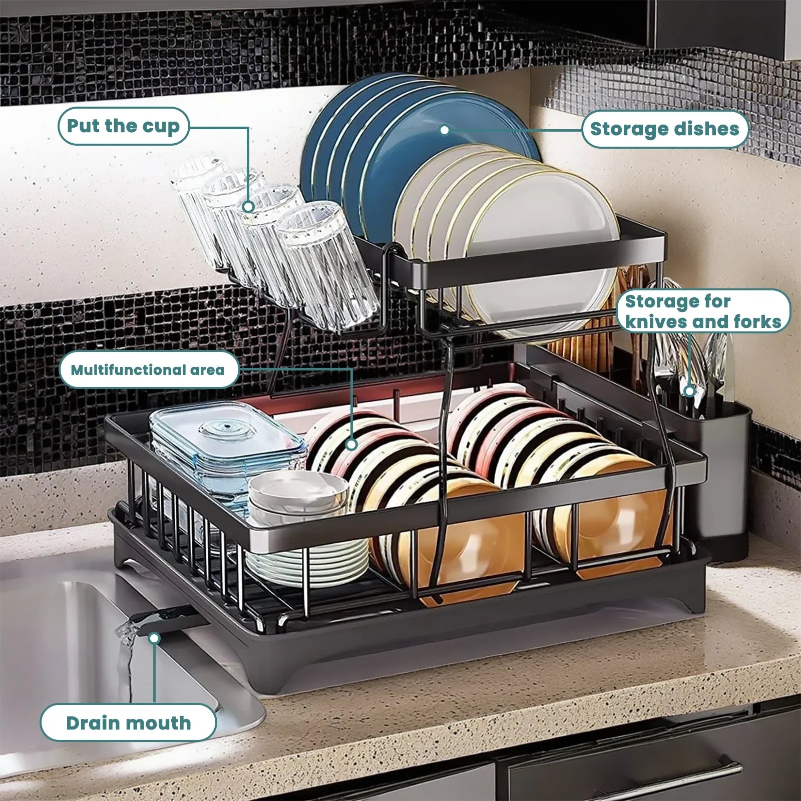 Premium 2-Tier Dish Drying Rack with Drainage System